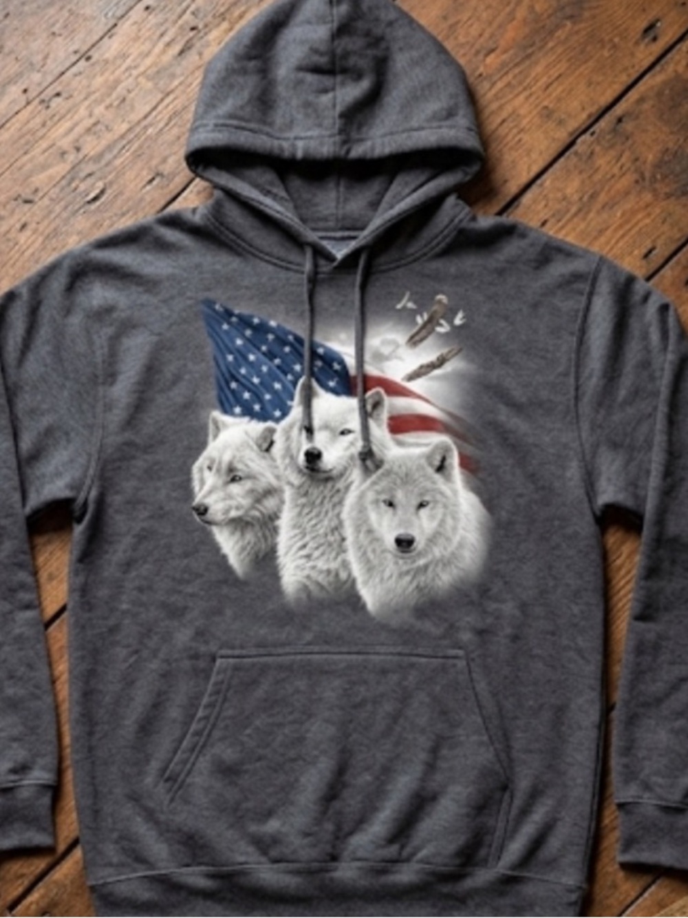The Mountain Charcoal Hoodie with Wolf and Flag Design
